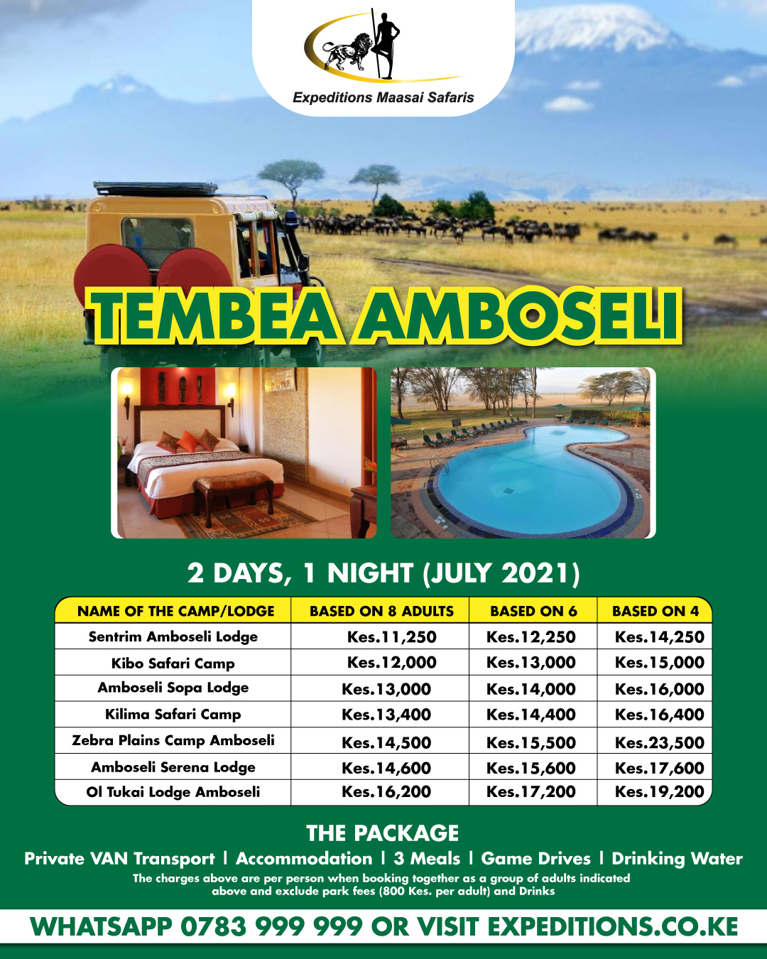 Explore the iconic Amboseli National Park with our 2 Days, 1 Night Amboseli Safari Packages!