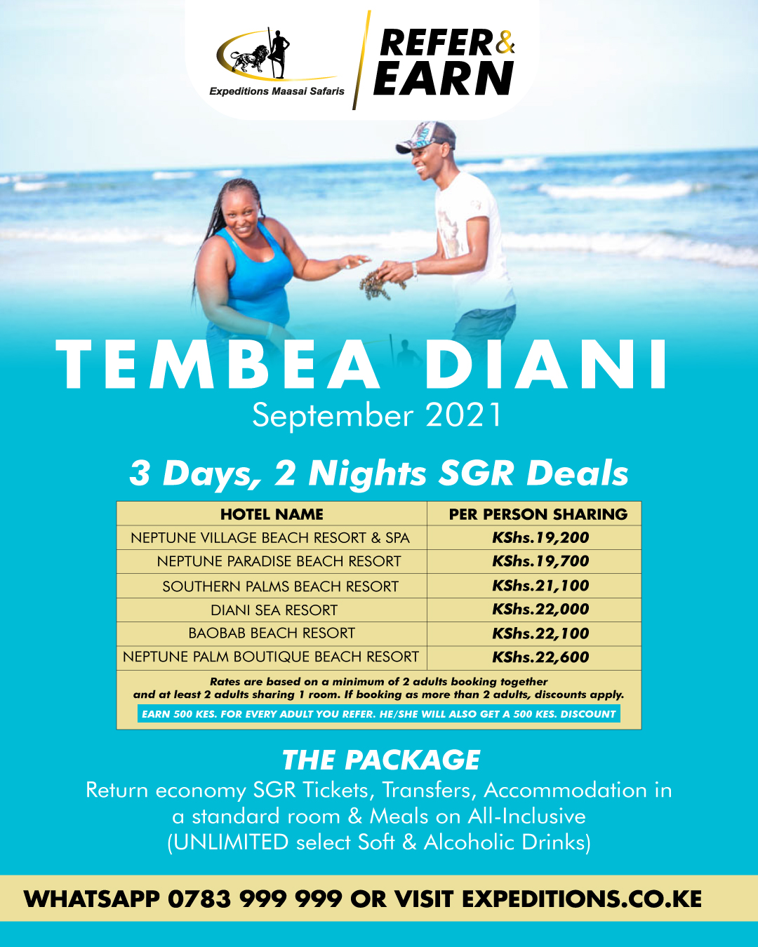 Enjoy the Most Discounted 3 Days, 2 Nights Diani SGR Packages with Expeditions Maasai Safaris