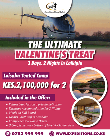 This is a 3 days, 2 nights helicopter valentine safari to the Loisaba Tented Camp in Laikipia