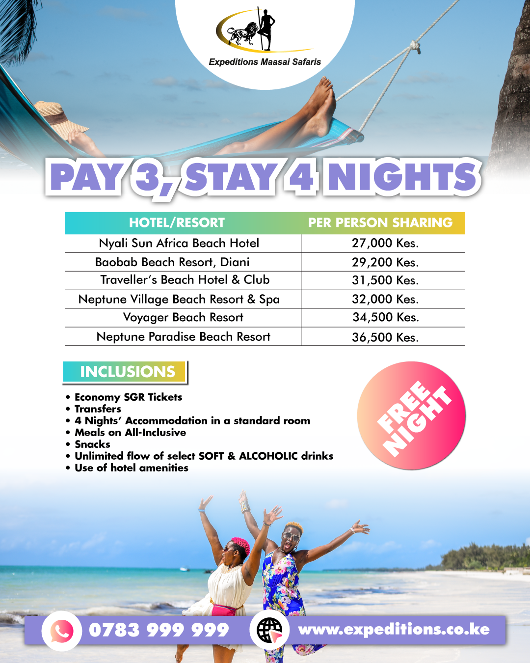 SGR Packages, Pay 3 Nights Stay for 4 Nights when you book our Mombasa SGR packages