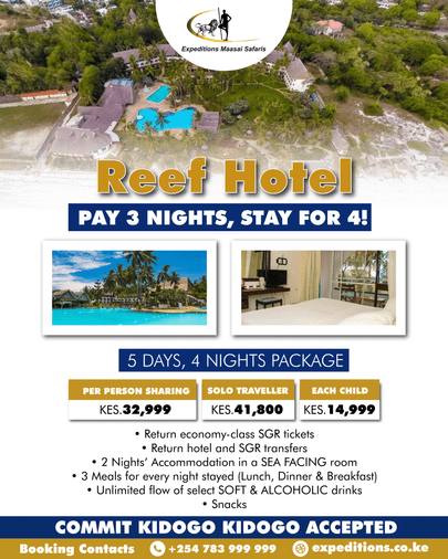 Enjoy an extra night free when you book 3 nights at the Reef Hotel Mombasa