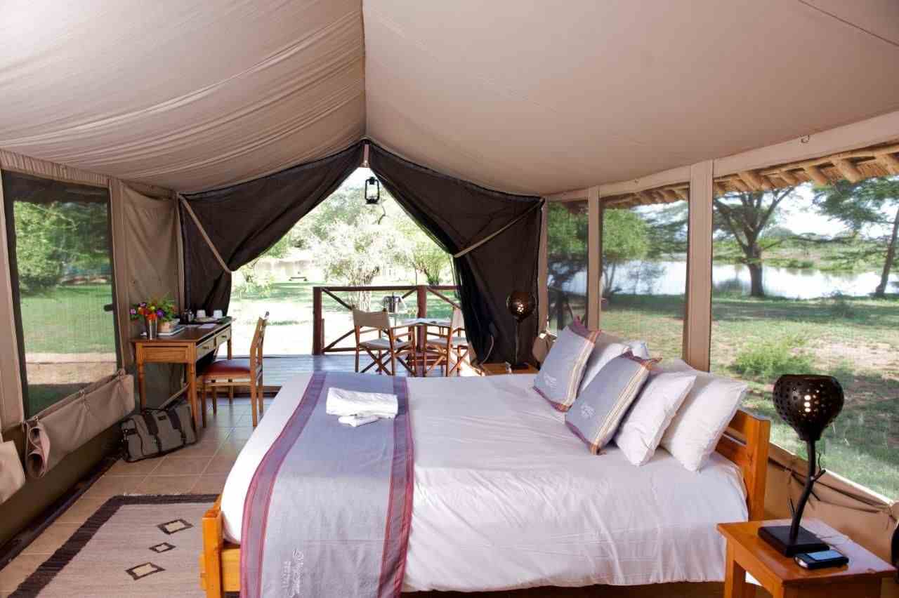 A double bed tent at Voyager Ziwani Tented Camp at Tsavo West National Park